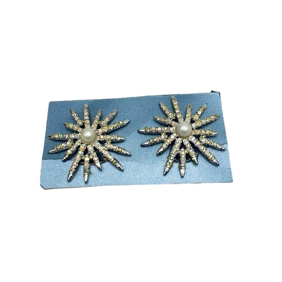 EMMONS Starburst Silver Tone Faux Pearl AB Rhinestone VTG Clip On Earrings w Box - Picture 2 of 12